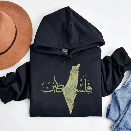 Palestine Olive Map Hoodies, Palestine Arabic Calligraphy Hoodies, Palestine Clothing