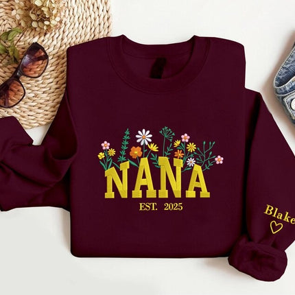 Nana Embroidered Floral Sweatshirt, Custom Nana Crewneck With Kids Names