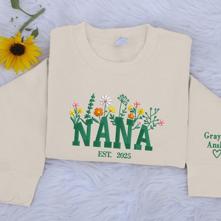 Nana Embroidered Floral Sweatshirt, Custom Nana Crewneck With Kids Names