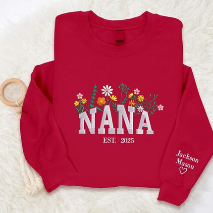 Nana Embroidered Floral Sweatshirt, Custom Nana Crewneck With Kids Names