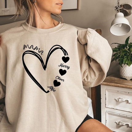 Custom Mum Heart Sweatshirt, Personalised Mama Sweater With Kid's Names