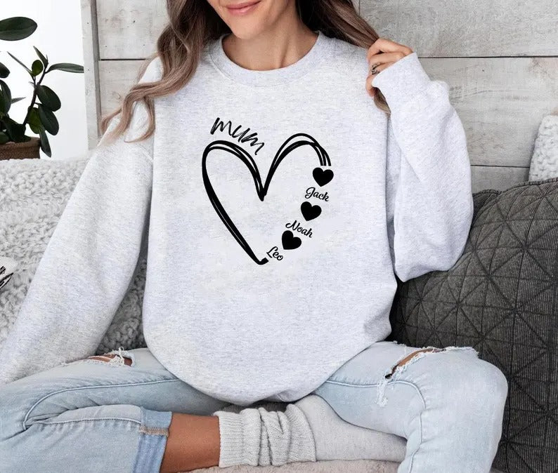 Custom Mum Heart Sweatshirt, Personalised Mama Sweater With Kid's Names, Mummy To Be Sweater, New Mom Birthday Gift, Mothers Day Presents