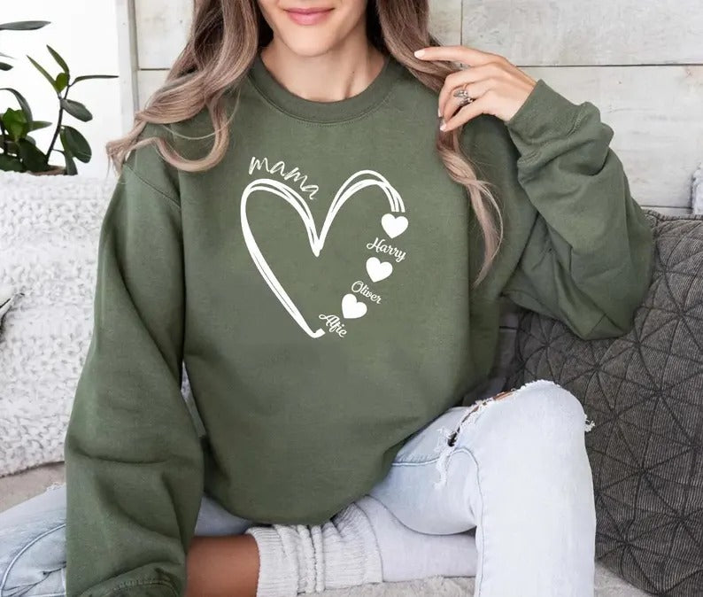 Custom Mum Heart Sweatshirt, Personalised Mama Sweater With Kid's Names, Mummy To Be Sweater, New Mom Birthday Gift, Mothers Day Presents