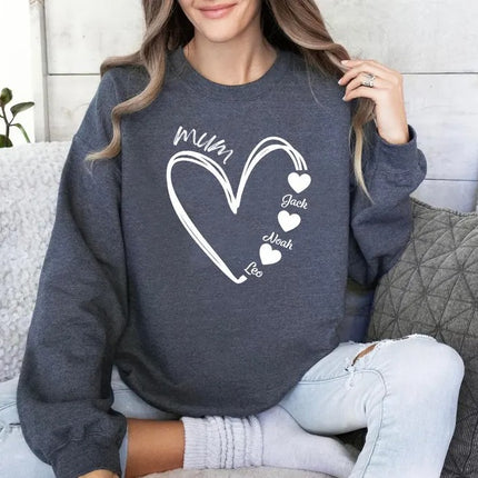 Custom Mum Heart Sweatshirt, Personalised Mama Sweater With Kid's Names