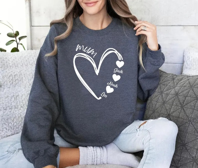 Custom Mum Heart Sweatshirt, Personalised Mama Sweater With Kid's Names, Mummy To Be Sweater, New Mom Birthday Gift, Mothers Day Presents