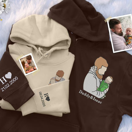 Embroidered Dad Portrait from Photo Hoodie, Personalized Sketch Hoodie with Name