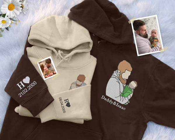 Embroidered Dad Portrait from Photo Hoodie, Personalized Sketch Hoodie with Name, Custom Fathers Day Jumper, Memorial Best Gift for Daddy