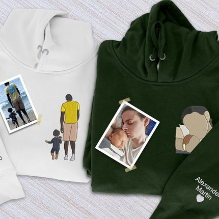 Embroidered Dad Portrait from Photo Hoodie, Personalized Sketch Hoodie with Name