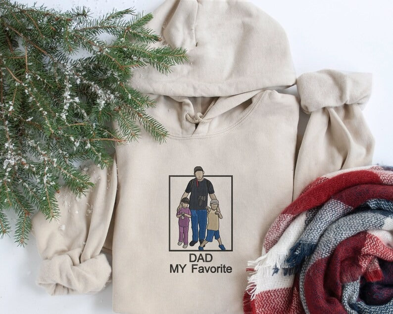 Dad Photo Portrait Embroidered Hoodie, Personalized Drawing Sketch from Photo Hoody, Custom Fathers Day Jumper, Best Birthday Gift for Daddy