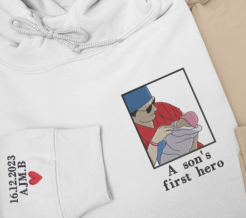 Dad Photo Portrait Embroidered Hoodie, Personalized Drawing Sketch from Photo Hoody, Custom Fathers Day Jumper, Best Birthday Gift for Daddy