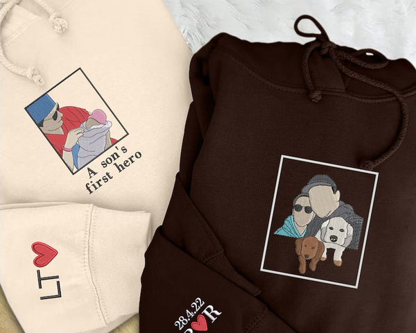 Dad Photo Portrait Embroidered Hoodie, Personalized Drawing Sketch from Photo Hoody, Custom Fathers Day Jumper, Best Birthday Gift for Daddy