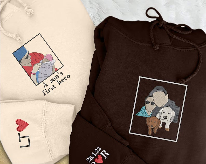 Dad Photo Portrait Embroidered Hoodie, Personalized Drawing Sketch from Photo Hoody, Custom Fathers Day Jumper, Best Birthday Gift for Daddy