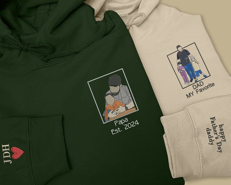 Dad Photo Portrait Embroidered Hoodie, Personalized Drawing Sketch from Photo Hoody, Custom Fathers Day Jumper, Best Birthday Gift for Daddy