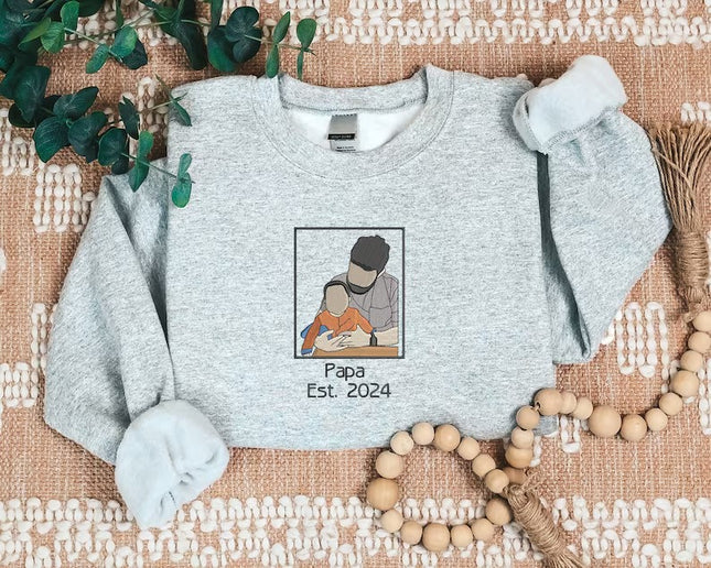 Personalised Dad Photo Sketch Sweatshirt, Embroidered Portrait Sweater with Initials