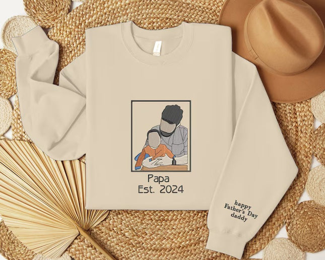 Personalised Dad Photo Sketch Sweatshirt, Embroidered Portrait Sweater with Initials, Custom Fathers Day Sweatshirt, Birthday Gift for Daddy
