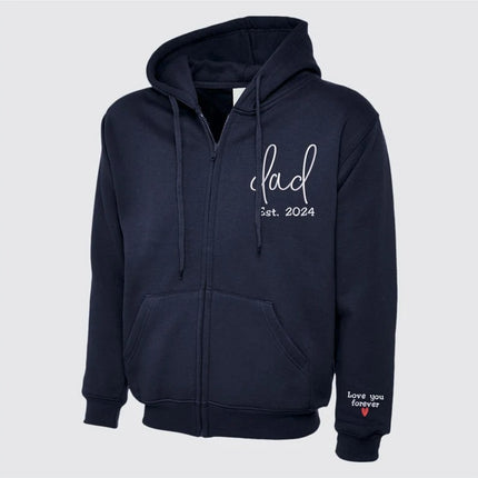 Embroidered Dad Zip Up Hoodie, Custom Text with Heart on Sleeve Jumpers