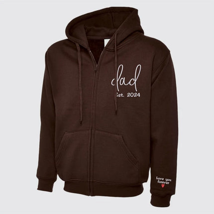 Embroidered Dad Zip Up Hoodie, Custom Text with Heart on Sleeve Jumpers