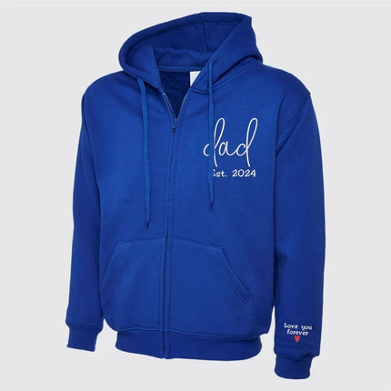 Embroidered Dad Zip Up Hoodie, Custom Text with Heart on Sleeve Jumpers