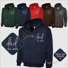 Embroidered Dad Zip Up Hoodie, Custom Text with Heart on Sleeve Jumpers, Personalized Est Date Dad Hoody, Father Day Gifts for Grandfather