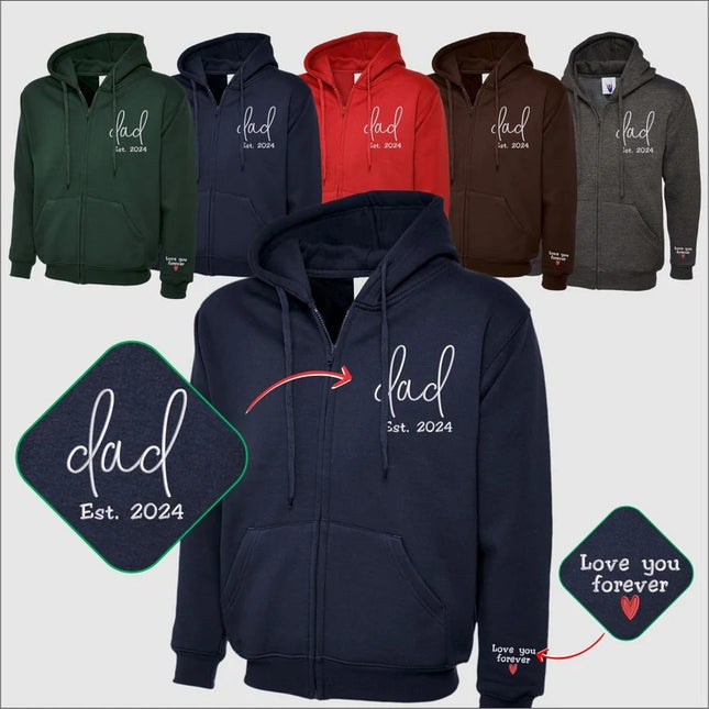 Embroidered Dad Zip Up Hoodie, Custom Text with Heart on Sleeve Jumpers