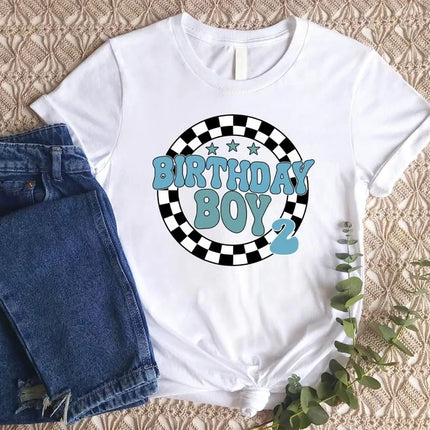 Personalised Birthday Boy T-Shirt, Retro Racing Checkered Flag Tees, Kids Race Car Birthday Outfits, Boys Racing Party Shirt, Birthday Gifts