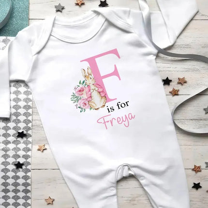 Personalised Baby Grow Sleepsuit, Custom Name & Initial Bunny Romper, Easter Bunny Printed Baby Sleepsuit, Newborn Baby Gifts, Easter Gifts