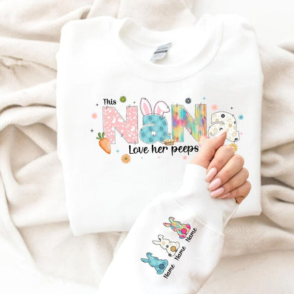 This Mama Loves Her Peeps Sweatshirt, Personalized Mama Easter Jumper, Mama Bunny Sweater, Custom Kids Name on Sleeve Sweater, Gift for Her