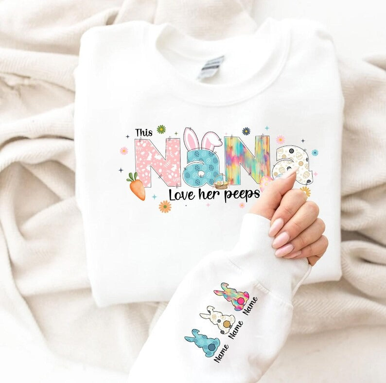 This Mama Loves Her Peeps Sweatshirt, Personalized Mama Easter Jumper, Mama Bunny Sweater, Custom Kids Name on Sleeve Sweater, Gift for Her