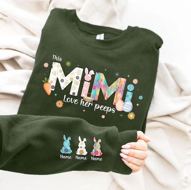 This Mama Loves Her Peeps Sweatshirt, Personalized Mama Easter Jumper, Mama Bunny Sweater, Custom Kids Name on Sleeve Sweater, Gift for Her
