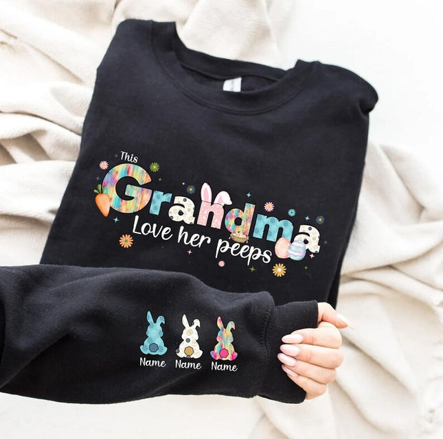 This Mama Loves Her Peeps Sweatshirt, Personalized Mama Easter Jumper, Mama Bunny Sweater, Custom Kids Name on Sleeve Sweater, Gift for Her