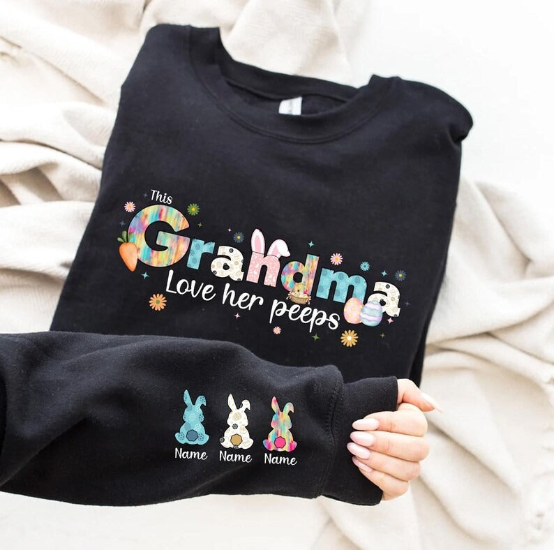 This Mama Loves Her Peeps Sweatshirt, Personalized Mama Easter Jumper, Mama Bunny Sweater, Custom Kids Name on Sleeve Sweater, Gift for Her