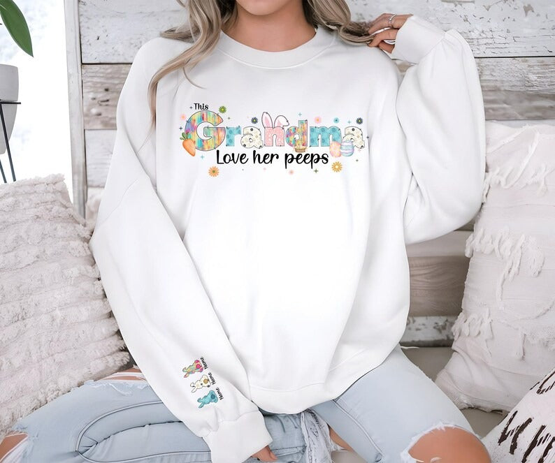 This Mama Loves Her Peeps Sweatshirt, Personalized Mama Easter Jumper, Mama Bunny Sweater, Custom Kids Name on Sleeve Sweater, Gift for Her
