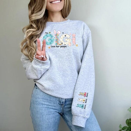 This Mama Loves Her Peeps Sweatshirt, Personalized Mama Easter Jumper, Mama Bunny Sweater, Custom Kids Name on Sleeve Sweater, Gift for Her