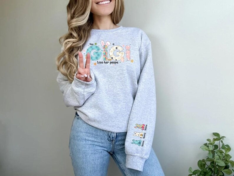 This Mama Loves Her Peeps Sweatshirt, Personalized Mama Easter Jumper, Mama Bunny Sweater, Custom Kids Name on Sleeve Sweater, Gift for Her