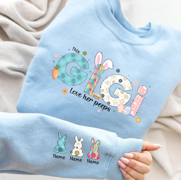 This Mama Loves Her Peeps Sweatshirt, Personalized Mama Easter Jumper, Mama Bunny Sweater, Custom Kids Name on Sleeve Sweater, Gift for Her
