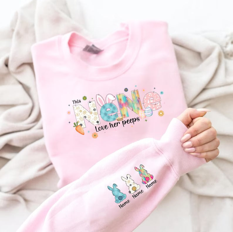 This Mama Loves Her Peeps Sweatshirt, Personalized Mama Easter Jumper, Mama Bunny Sweater, Custom Kids Name on Sleeve Sweater, Gift for Her