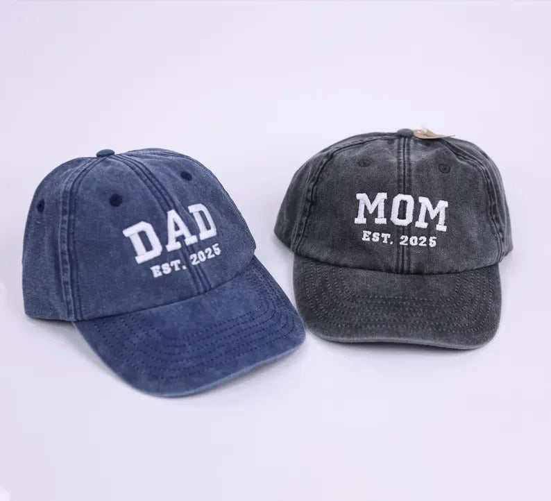 Custom Embroidered Mom and Dad Hat, Personalised Dad Est Date Baseball Cap, Pregnancy Reveal Gifts, Vintage New Mom Hat, Mother's Day Gifts