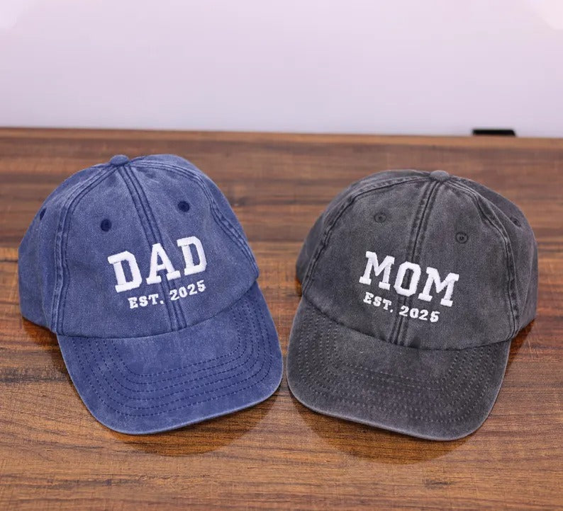 Custom Embroidered Mom and Dad Hat, Personalised Dad Est Date Baseball Cap, Pregnancy Reveal Gifts, Vintage New Mom Hat, Mother's Day Gifts