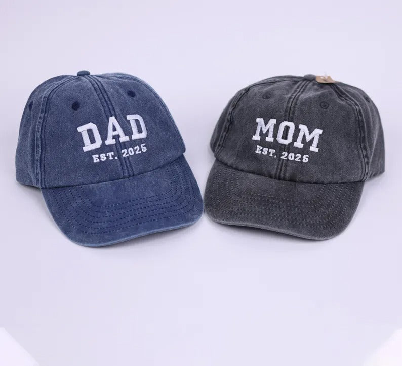 Custom Embroidered Mom and Dad Hat, Personalised Dad Est Date Baseball Cap, Pregnancy Reveal Gifts, Vintage New Mom Hat, Mother's Day Gifts