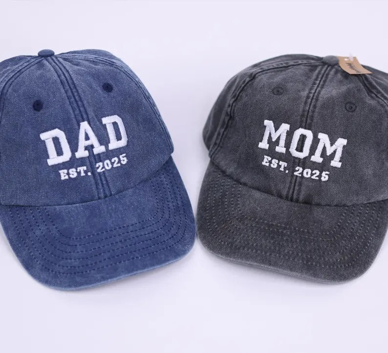 Custom Embroidered Mom and Dad Hat, Personalised Dad Est Date Baseball Cap, Pregnancy Reveal Gifts, Vintage New Mom Hat, Mother's Day Gifts
