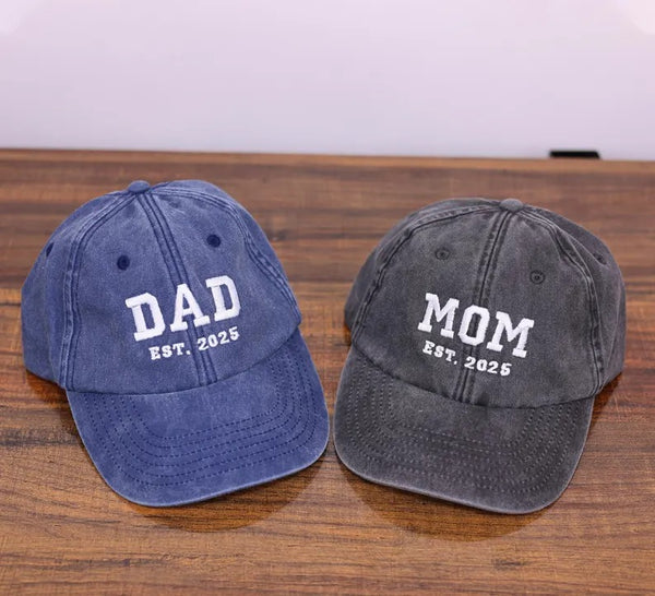 Custom Embroidered Mom and Dad Hat, Personalised Dad Est Date Baseball Cap, Pregnancy Reveal Gifts, Vintage New Mom Hat, Mother's Day Gifts
