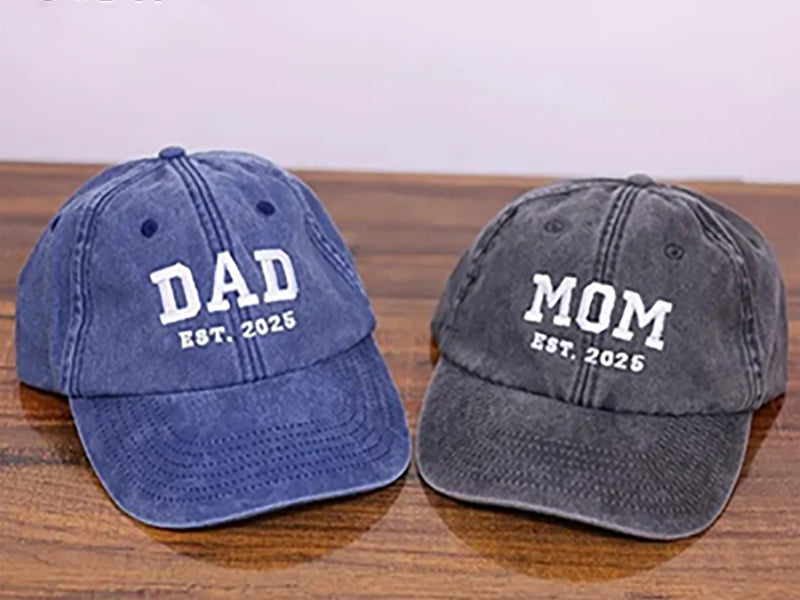 Custom Embroidered Mom and Dad Hat, Personalised Dad Est Date Baseball Cap, Pregnancy Reveal Gifts, Vintage New Mom Hat, Mother's Day Gifts