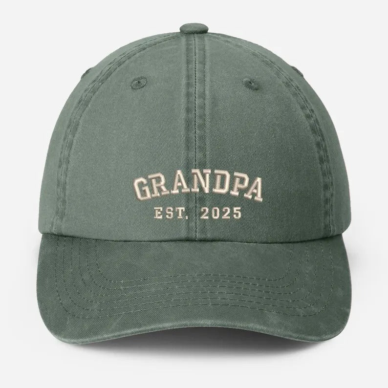 Custom Embroidered Dad Vintage Caps, Personalised Est Year Grandpa Hat, Pregnancy Announcement Adjustable Hats, Gift for New Grandma Grandpa