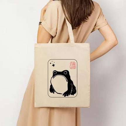 Unimpressed Frog Tote Bag, Vintage Japanese Art Printed Bag, Eco-Friendly Gift, Funny Frog meme Totes, Kawaii Frog Lover Tote, Shopping Bags