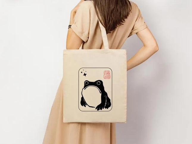 Unimpressed Frog Tote Bag, Vintage Japanese Art Printed Bag, Shopping Bags