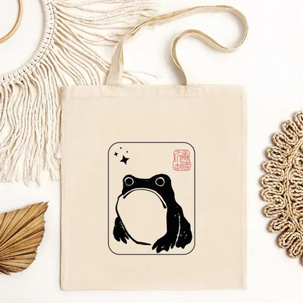 Unimpressed Frog Tote Bag, Vintage Japanese Art Printed Bag, Eco-Friendly Gift, Funny Frog meme Totes, Kawaii Frog Lover Tote, Shopping Bags