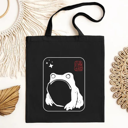 Unimpressed Frog Tote Bag, Vintage Japanese Art Printed Bag, Eco-Friendly Gift, Funny Frog meme Totes, Kawaii Frog Lover Tote, Shopping Bags