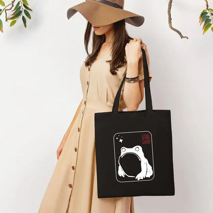 Unimpressed Frog Tote Bag, Vintage Japanese Art Printed Bag, Eco-Friendly Gift, Funny Frog meme Totes, Kawaii Frog Lover Tote, Shopping Bags