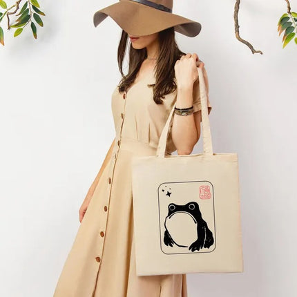 Unimpressed Frog Tote Bag, Vintage Japanese Art Printed Bag, Eco-Friendly Gift, Funny Frog meme Totes, Kawaii Frog Lover Tote, Shopping Bags