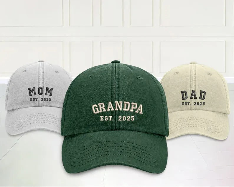 Custom Embroidered Dad Vintage Caps, Personalised Est Year Grandpa Hat, Pregnancy Announcement Adjustable Hats, Gift for New Grandma Grandpa